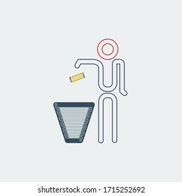 Hombre saca la basura a la canasta de basura. Cuidado con la Naturaleza. Logotipo para la eliminación de residuos