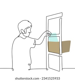 man takes out a sheet of paper from a box standing on a rack - one line art vector. the concept to search for a document in the archive