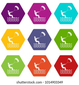 Man takes part at kitesurfing icon set many color hexahedron isolated on white vector illustration