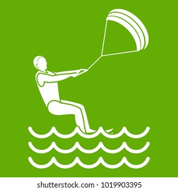 Man takes part at kitesurfing icon white isolated on green background. Vector illustration