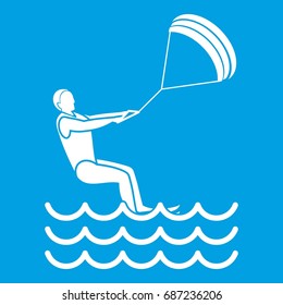 Man takes part at kitesurfing icon white isolated on blue background vector illustration