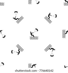 Man takes part at kitesurfing pattern repeat seamless in black color for any design. Vector geometric illustration