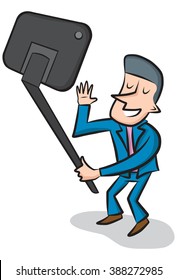 A man takes a photo of himself using a smartphone on a selfie stick.