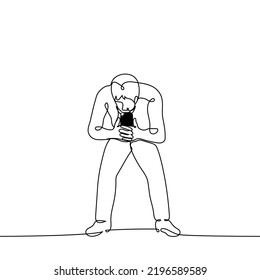 man takes a photo of the viewer on the phone crouching - one line drawing vector. concept paparazzi, stalker