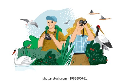 Man takes photos of animals in the wild nature. Girl looks through binoculars and watches the birds. Birdwatching, eco-friendly hobby. Banner concept about local tourism. Cartoon vector illustration