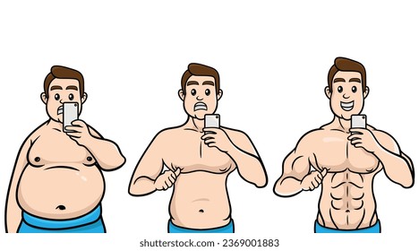 A man takes pictures before and after weight loss, Cartoon man use phone for selfie, Vector illustration, Difference between body shapes cartoon design, Cute fat man doing selfie,