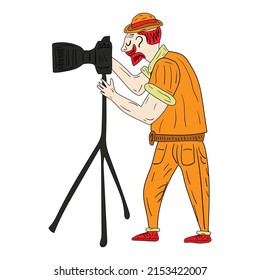 Un hombre toma fotos usando un trípode. Aislado sobre un fondo blanco. 