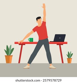 A man takes a refreshing break, stretching and relaxing after works of focused work on his laptop vector illustration.