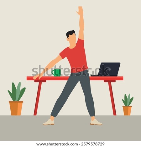 A man takes a refreshing break, stretching and relaxing after works of focused work on his laptop vector illustration.