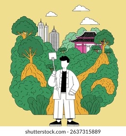 A man takes a selfie amidst stylized nature, with city buildings and a traditional Asian building in the background. Cartoon style illustration.
