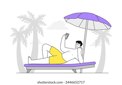 Man takes selfie at beach linear. Young guy with smartphone lying at longe. Holiday and vacation in tropical and exotic countries. Doodle flat vector illustration isolated on white background