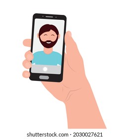 A man takes a selfie on his phone, color vector illustration