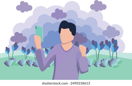 A man takes a selfie using his personal cellphone in the open air