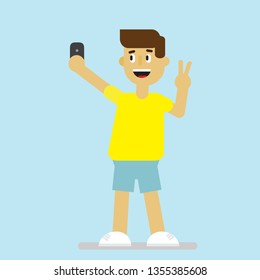 Man takes selfies. Vector illustration in flat style.