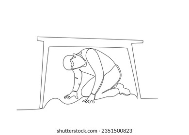 A man takes shelter from the rubble of a building. Earthquake one-line drawing
