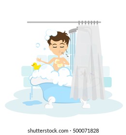 Man takes shower. Happy smiling cartoon man in the tube with foam, bubbles and yellow duck.