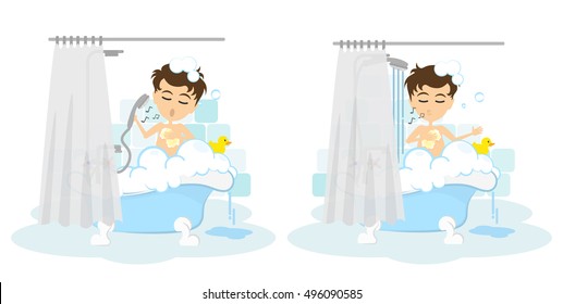 Man takes shower set. Happy smiling cartoon man in the tube with foam, bubbles and yellow duck.