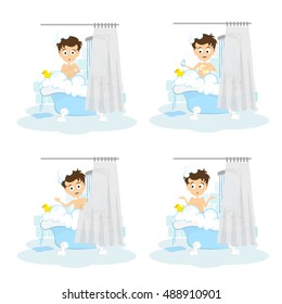 Man takes shower set. Smiling happy man in the tube with foam, bubbles and yellow duck. Surprised man in awakward situation.