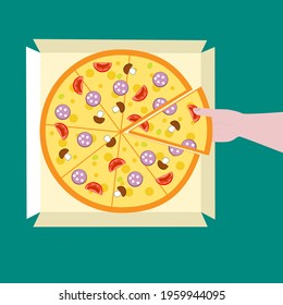 A man takes a slice of pizza from a paper box.