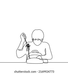 man takes tangled vacuum wired headphones out of his backpack - one line drawing vector. concept problem of wired headphones