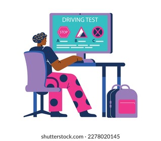 Man takes test on the rules of the road on computer, flat vector illustration isolated on white background. Character passing driving exam or test. Concept of driver education.