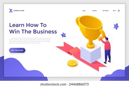 Man taking away winner cup from podium. Success landing page isometric vector illustration. Champion with award cartoon character colour composition. Achievement idea for website, mobile, presentation