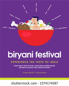 Man taking bath in biryani bowl. Man sitting inside a biryani bowl. Biryani Ad Template.