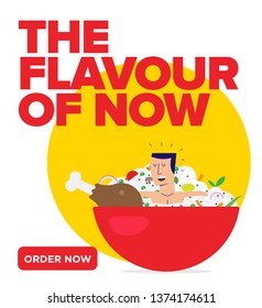 Man taking bath in biryani bowl. Man sitting inside a biryani bowl. Biryani Ad Template.