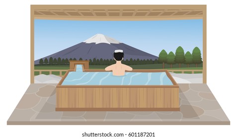 man taking bath in outdoor japanese hot spring onsen , with Fuji mountain background vector