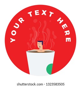 Man taking bath and relaxing in coffee paper cup. Coffee Drinking Template Design. Coffee Badge Concept.