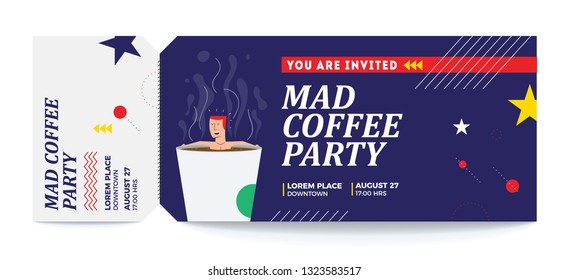 Man taking bath and relaxing in coffee paper cup. Coffee Drinking Template Design. Invite to an event concept. Ticket Invite Concept.
