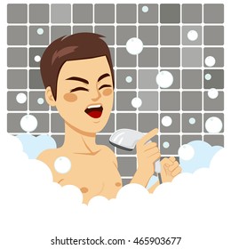 Man taking a bath with soap bubbles singing