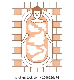 man taking a bath tub with house