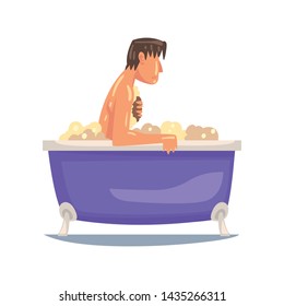 Man Taking Bath and Washing with Washcloth, Male Character Relaxing in Bathtub Full of Foam Vector Illustration