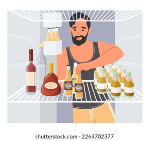 Man taking beer from opened refrigerator flat cartoon vector illustration. Hipster guy looking inside fridge full of alcoholic drink. Alcohol addiction