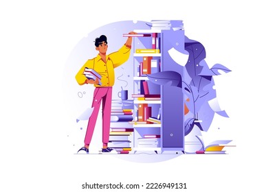 Man taking books from bookcase in library vector illustration. Book world, reader in library, lovers of literature or bookworm flat concept