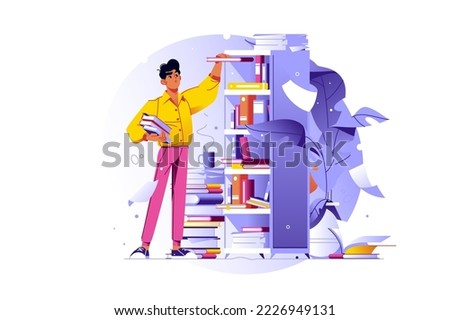 Man taking books from bookcase in library vector illustration. Book world, reader in library, lovers of literature or bookworm flat concept