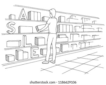 Man taking the box. Shop interior graphic black white sketch illustration vector