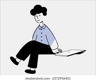 A man is taking a break after completing his work in the office, resting while still being productive. man with laptop vector illustration