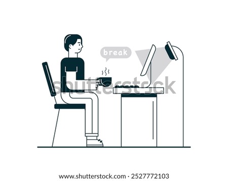 A man taking a break after doing a lot of tasks in his workplace, drinking a cup of hot coffee. Design character. Vector flat illustration