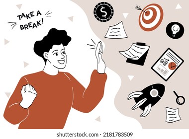 Man taking break. Young guy puts things aside. Time management and efficient workflow. Rest and recuperation. Pause at work, refresh from long stress interval. Cartoon flat vector illustration
