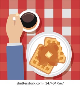 man taking breakfast cooking waffle syrup coffee vector illustration
