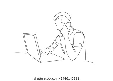 Man taking a call while working from home.Working from home one-line drawing