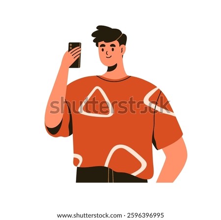 Man taking, capturing photo with phone in hand. Person photographing, shooting, using mobile camera, holding smartphone. Male with cellphone. Flat vector illustration isolated on white background