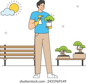 Man taking care of a bonsai tree 
