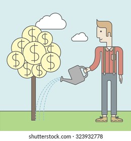 Man taking care of finances watering a money tree. Successful business concept. Vector line design illustration. Square layout.