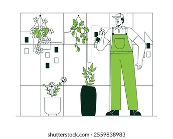 A man is taking care of plants in a greenhouse, spraying plant vitamins with a spray bottle, there are ornamental plants such as small flowers in pots, vector illustration of urban farming.