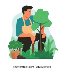 Man Taking Care of Tree in Garden.