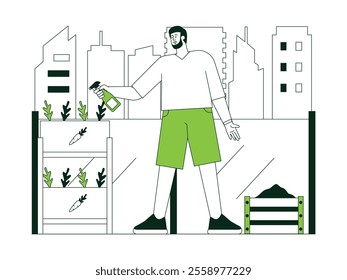 A man is taking care using a plant sprayer in a private garden, planting carrots that are growing well, there is also a wooden box filled with soil, vector illustration of urban farming.