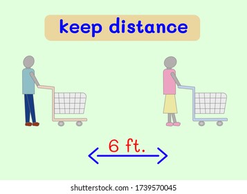 A man is taking the cart which keep distancing from a woman 6 feet on green background and there is keep distance banner.